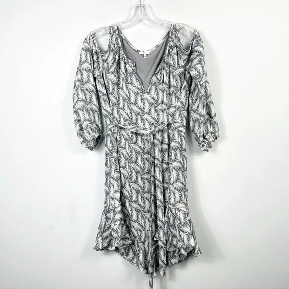 Joie Isaline Feather Cold Shoulder Mini Dress Gray White Print Silk Tie Belt XXS - Picture 5 of 15